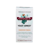Vitanica Yeast Arrest box front shows vegan homeopathic formula for vaginal comfort