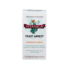 Vitanica Yeast Arrest box front shows vegan homeopathic formula for vaginal comfort