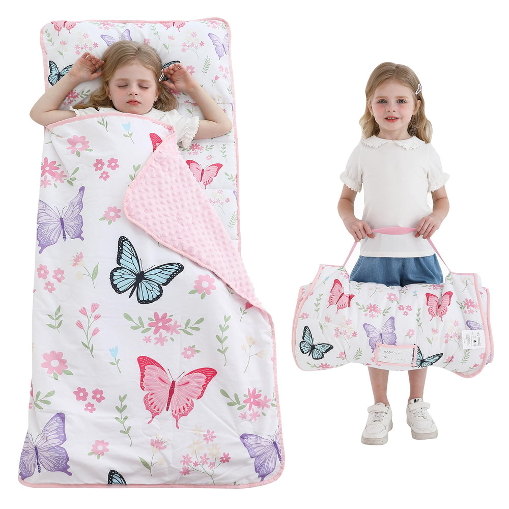 Viviland nap mat rolled with name tag for easy identification and portability.