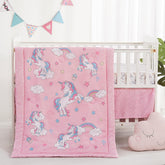 Viviland Unicorn bedding set overview image shows coordinated nursery essentials for a newborn.