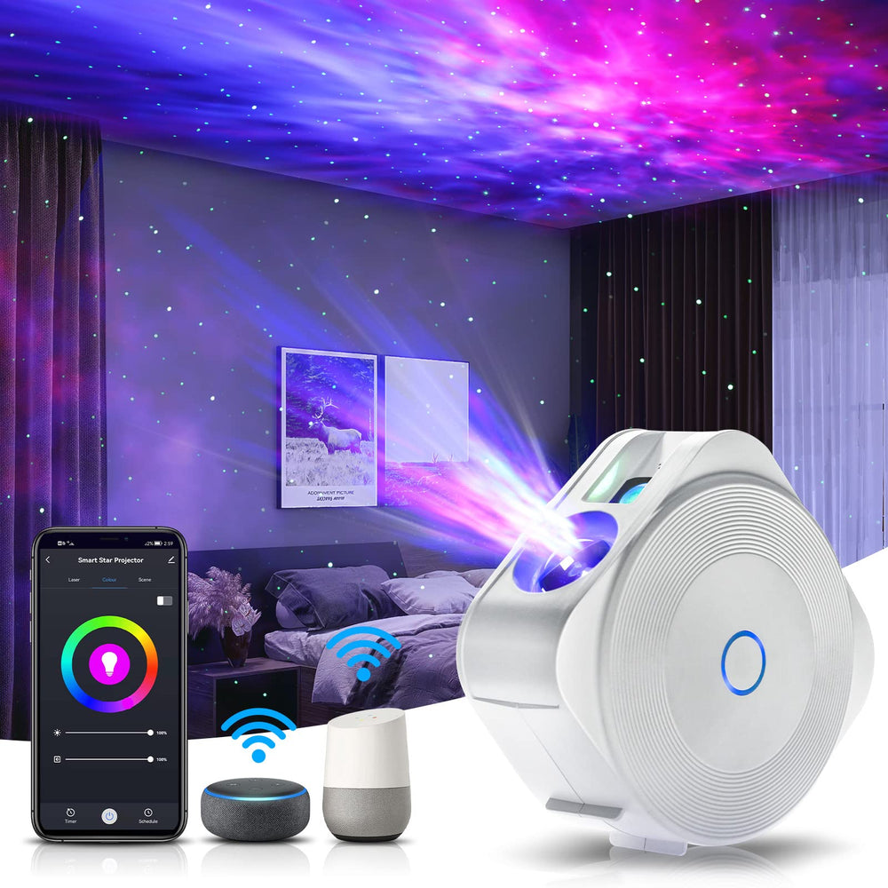 V JULES.V Galaxy Projector front view lights up ceiling with a calming night sky.
