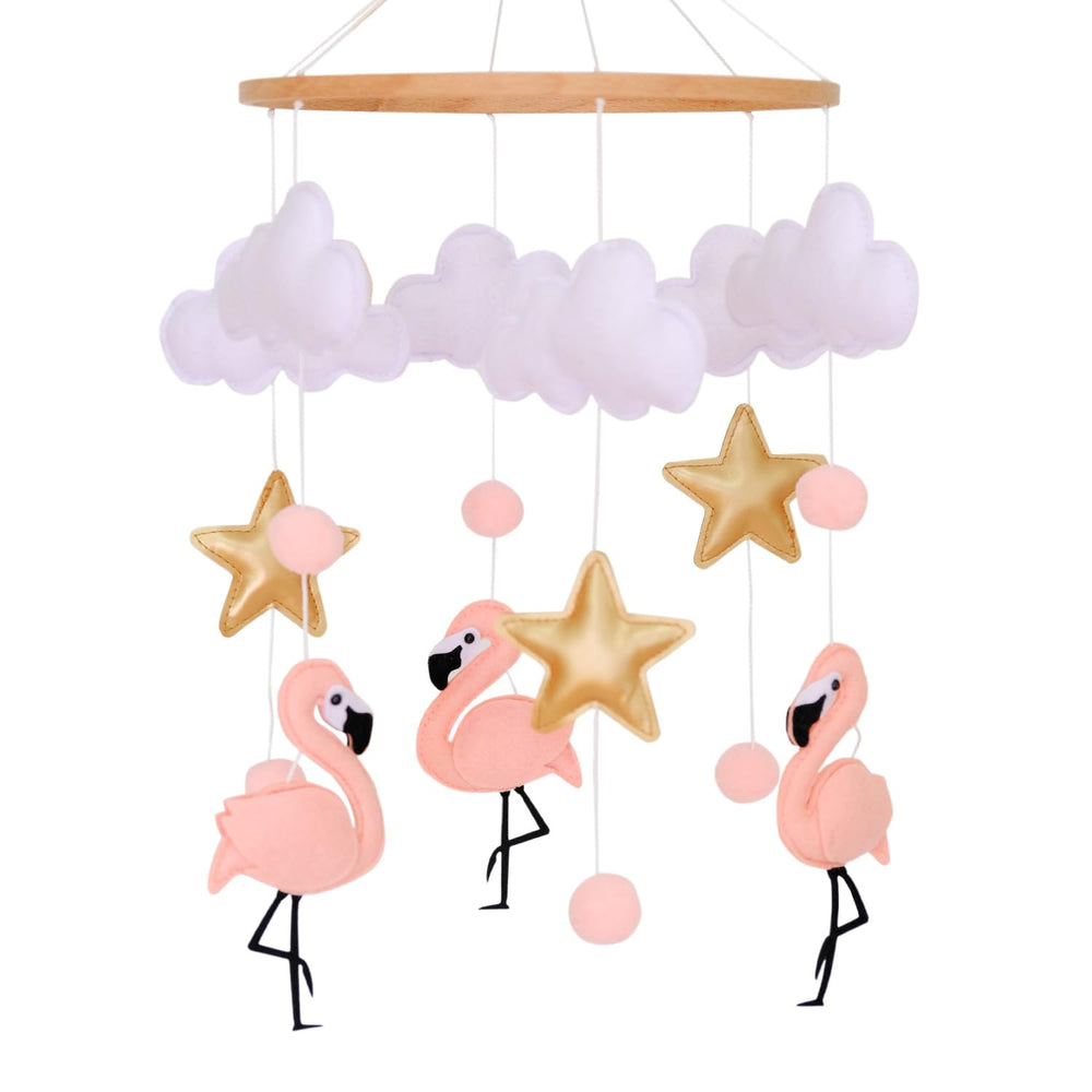 Vlokup pink flamingo crib mobile boosts visual tracking for infants.