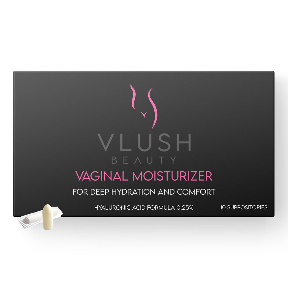 VLUSH packaging of vaginal moisturizer suppositories for daily use