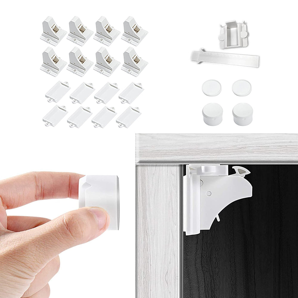 Vmaisi adhesive magnetic cabinet locks on a kitchen cabinet, keeping curious toddlers safe.