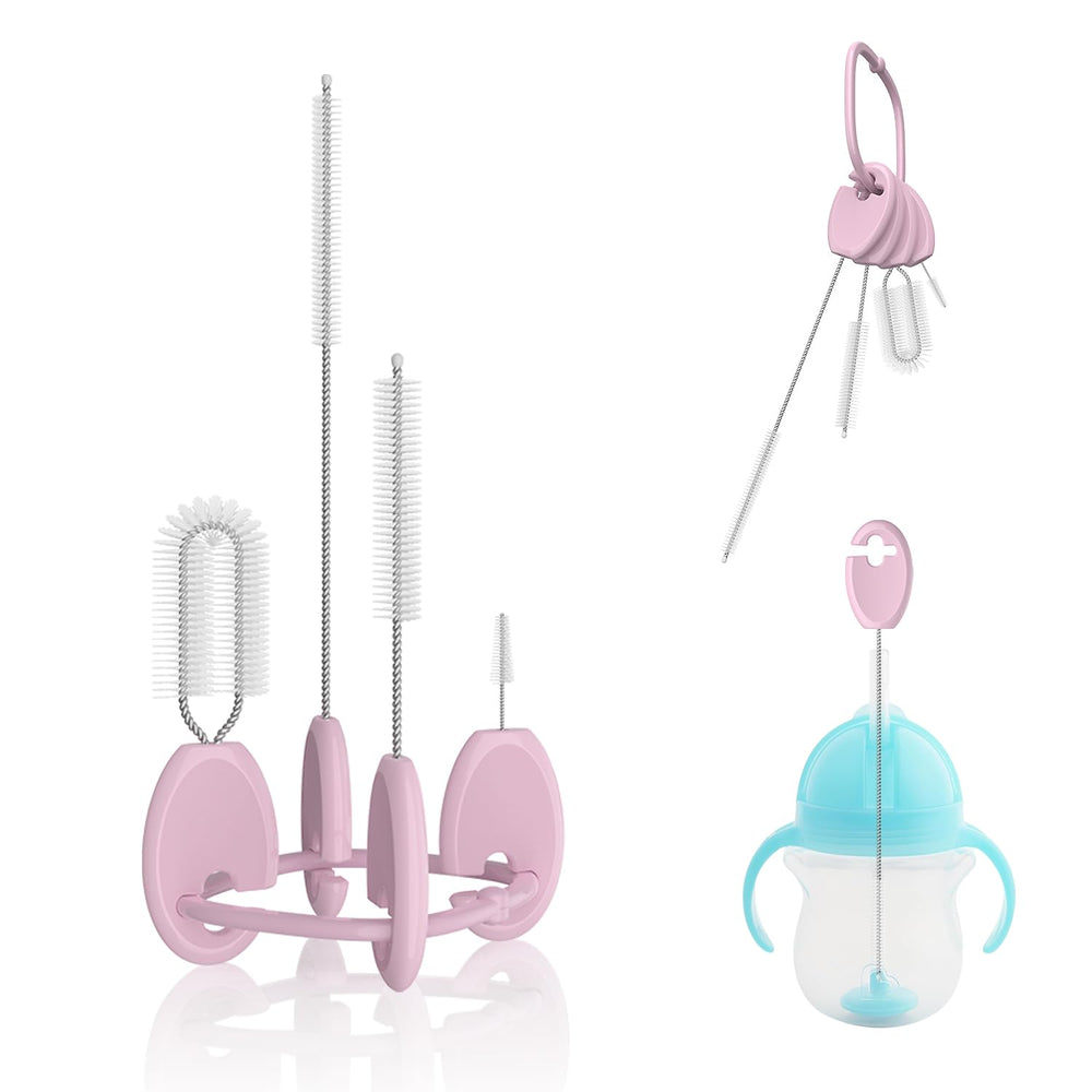 VOGOGE baby straw brush set, pink, with stand, for easy reach and organized cleaning.
