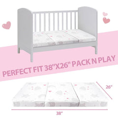 voomf pack and play mattress with removable breathable cover for easy cleaning.