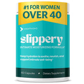 VoomVaya Slippery bottle and label highlighting vaginal moisture support for women over 40.