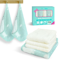 VOOVA & MOVAS baby washcloths in dino pastel stack for gentle baths.