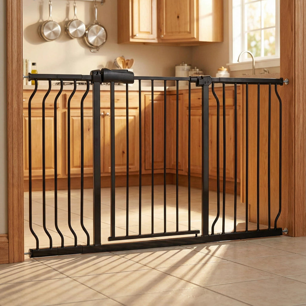 Vothco baby gates in extra-wide doorway with adjustable width for large openings.