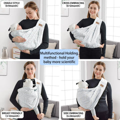 VRBabies four carry positions in blue flower sling for versatility.