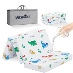 VRSHOAT trifold pack and play mattress folded in carry bag for portable travel.