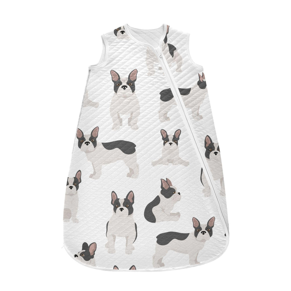 vvfelixl French Bulldog pattern white baby sleep sack offers cozy cotton comfort for newborns.