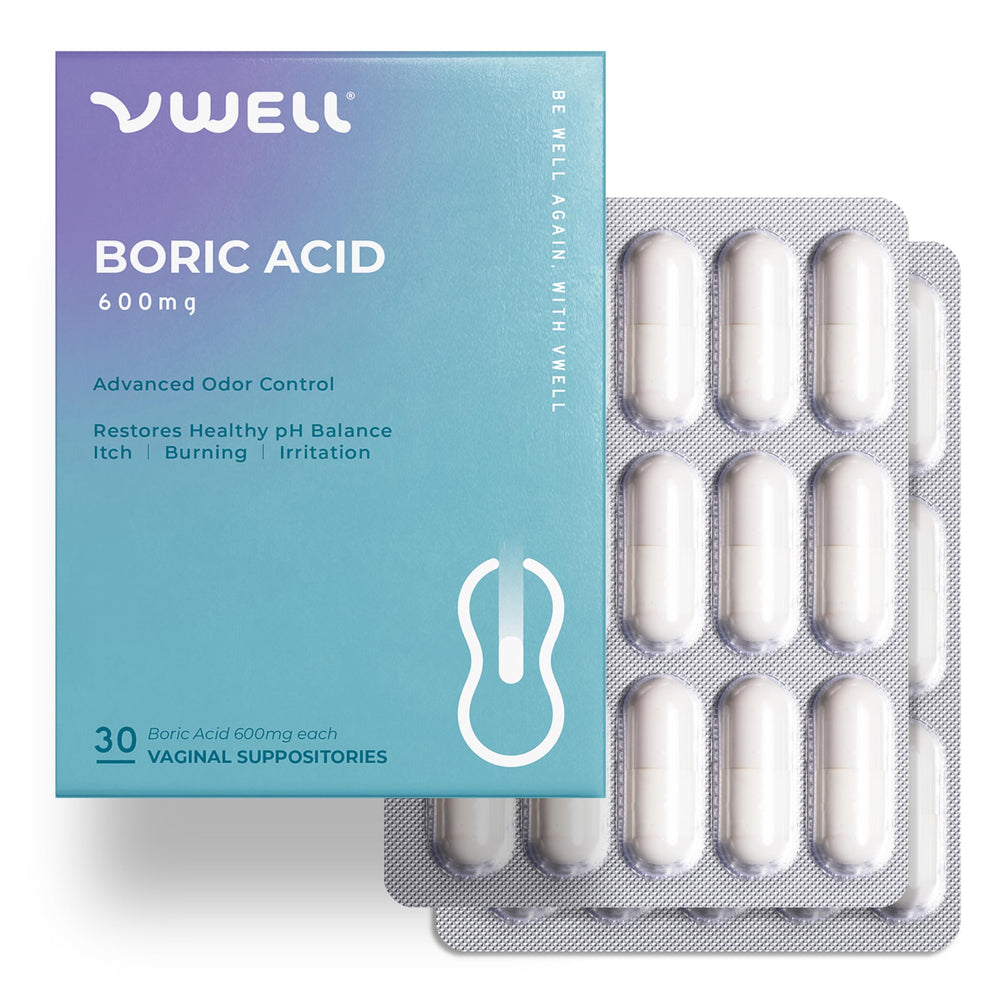 VWELL boric acid vaginal suppositories packaging for easy shopping and brand recognition