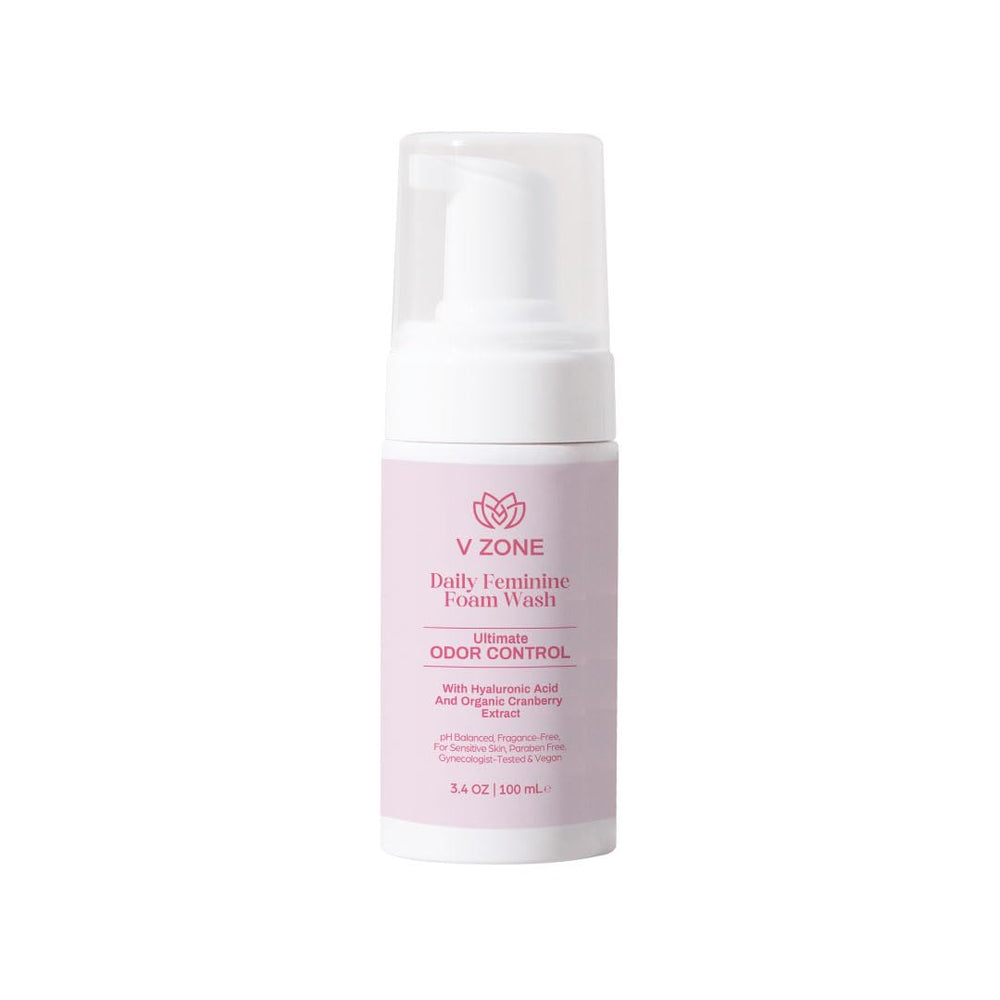 VZone Daily Feminine Foam Wash bottle emphasizes hyaluronic acid hydration for intimate skin.