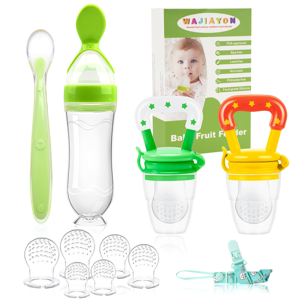 WAJIAYON baby fruit feeder pacifier in green and yellow packaging for easy feeding.