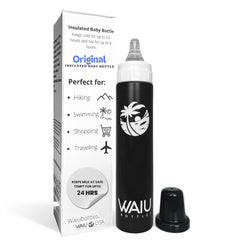 Waiu insulated baby bottle front view showing compact design for on-the-go feeding