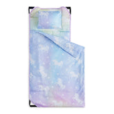 Wake In Cloud cot nap mat with unicorn pattern rolled and strapped for travel