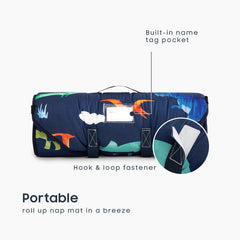 Wake In Cloud dino nap mat with detachable pillow for flexible naps.
