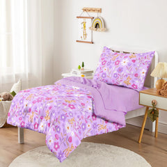 Wake In Cloud floral lavender sheets shown flat for all-season softness and easy care.