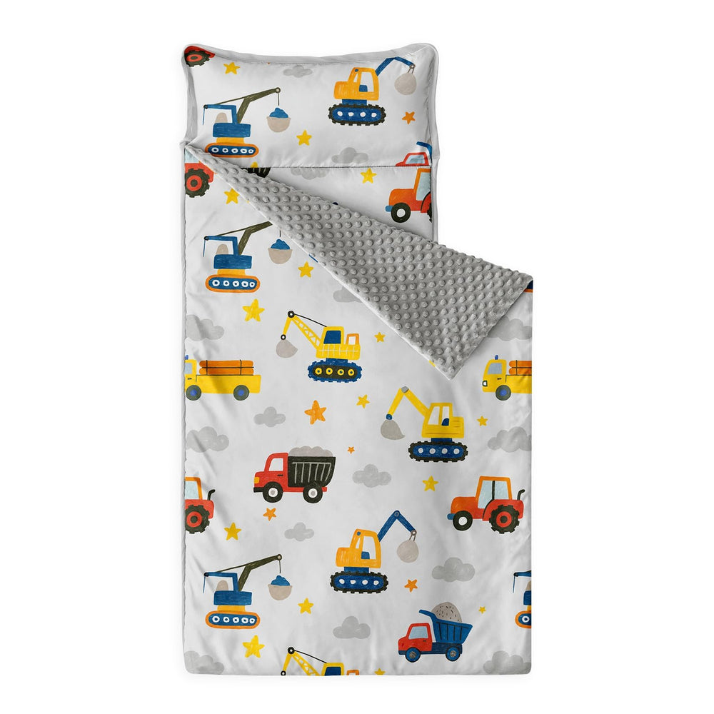 Wake In Cloud nap mat with construction vehicle design for kids, ideal for daycare rest.