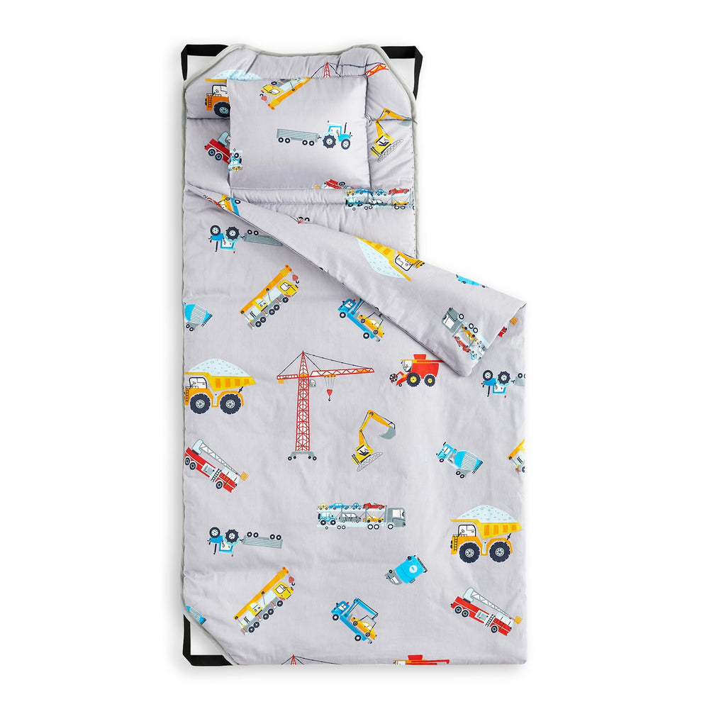 Wake In Cloud nap mat with cranes-trucks encourages imaginative rest for kids.