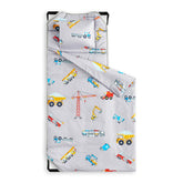 Wake In Cloud nap mat with cranes-trucks encourages imaginative rest for kids.