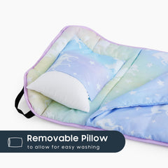 Wake In Cloud nap mat featuring elastic corner straps for secure fit