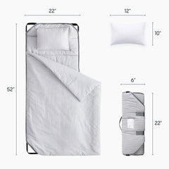 Wake In Cloud nap mat rolled with elastic straps and handle for easy transport.