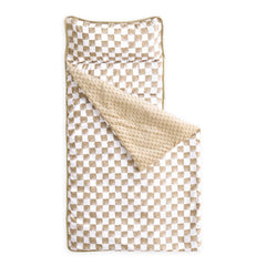 Wake In Cloud nap mat folded with gingham grid for easy preschool transport