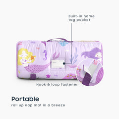 Wake In Cloud nap mat rolled and carried with handle for easy daycare transport.