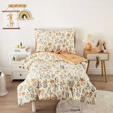 Wake In Cloud floral toddler bedding comforter close-up showing durable stitching.