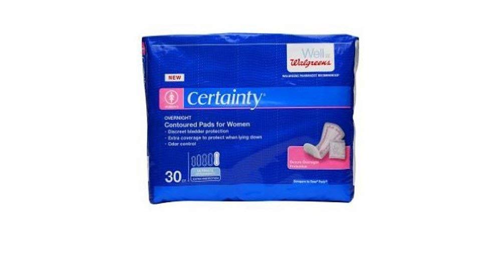 Walgreens Certainty Pads for Women in packaging, with overnight protection and a discreet, dry feel.