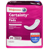 Walgreens Certainty Women's Bladder Control Pads packaging showing trusted branding for discreet protection.