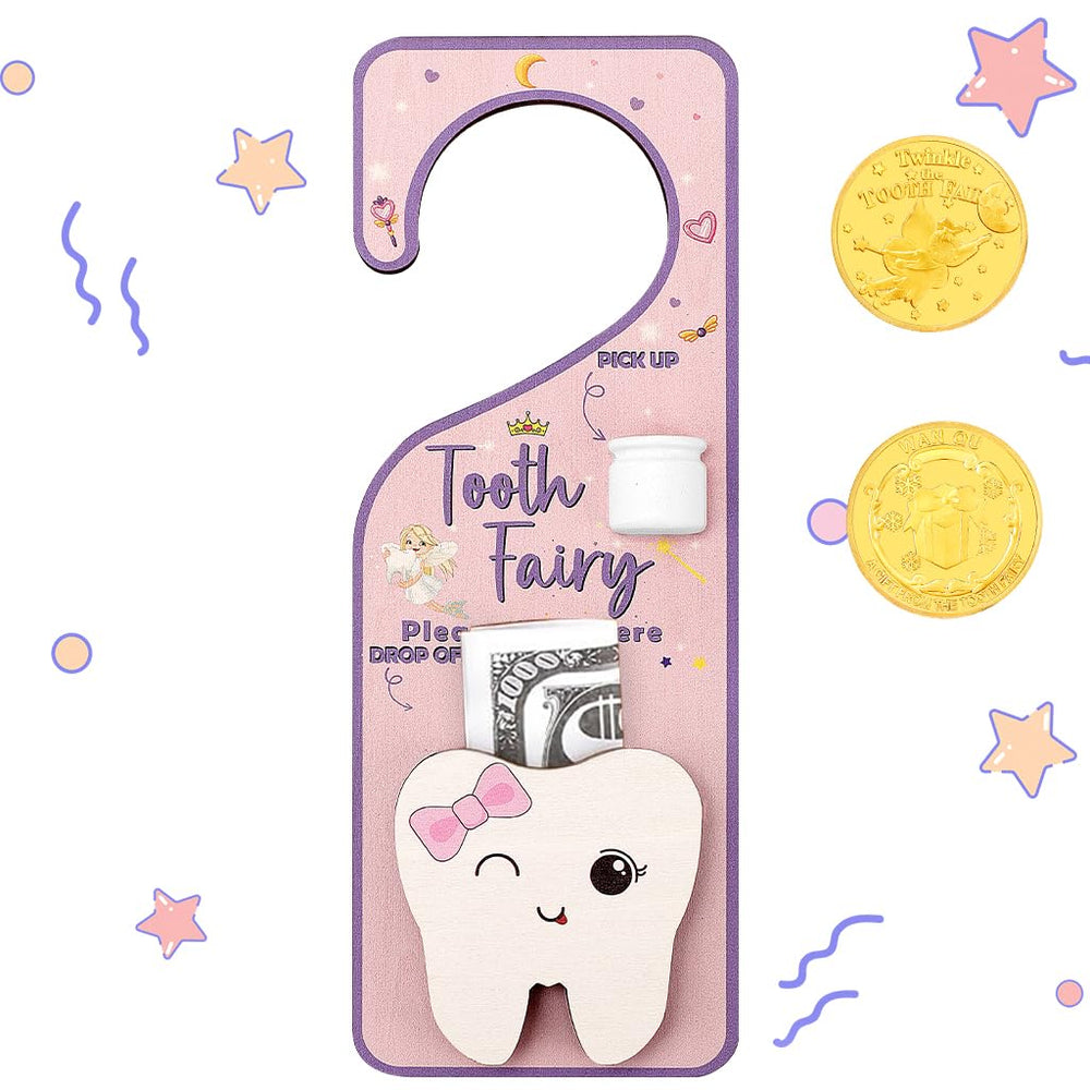 WALLFID pink tooth fairy door hanger on a bedroom door for magical tooth exchanges.
