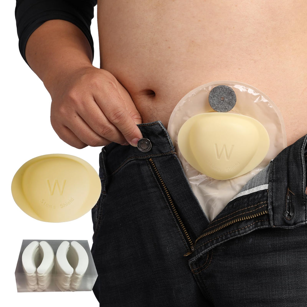 WansMed stoma guard front view offering discreet protection under clothing.