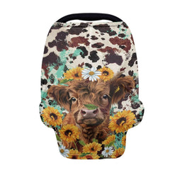 Wanyint Highland Cow Sunflower baby car seat cover with full coverage for privacy.