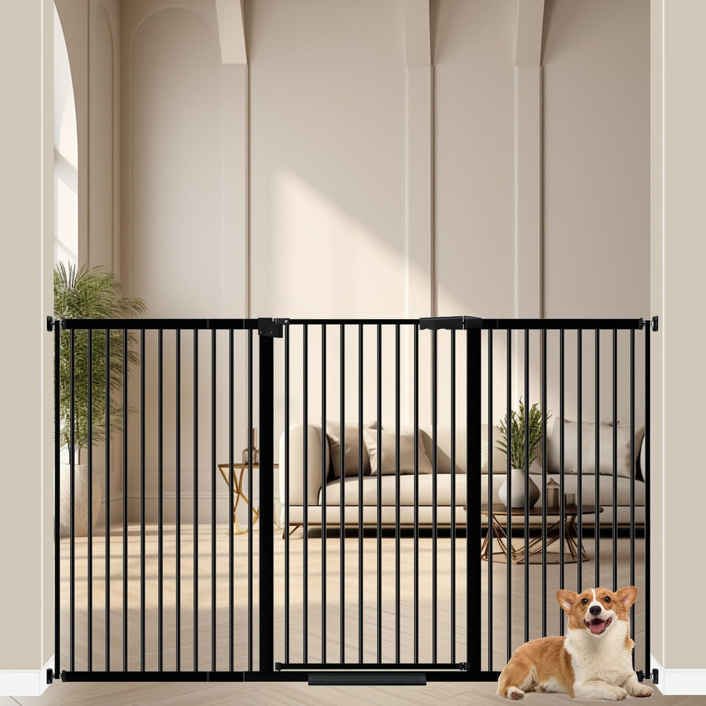 WAOWAO 40.55in extra tall gate mounted at stairs blocks jumping pets with a sleek black metal look.