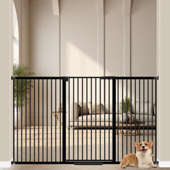 WAOWAO 40.55in extra tall gate mounted at stairs blocks jumping pets with a sleek black metal look.