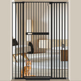 WAOWAO 71-inch extra tall cat gate front view in black metal, sturdy containment.