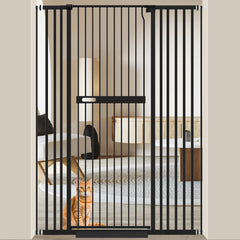WAOWAO 71-inch extra tall cat gate front view in black metal, sturdy containment.