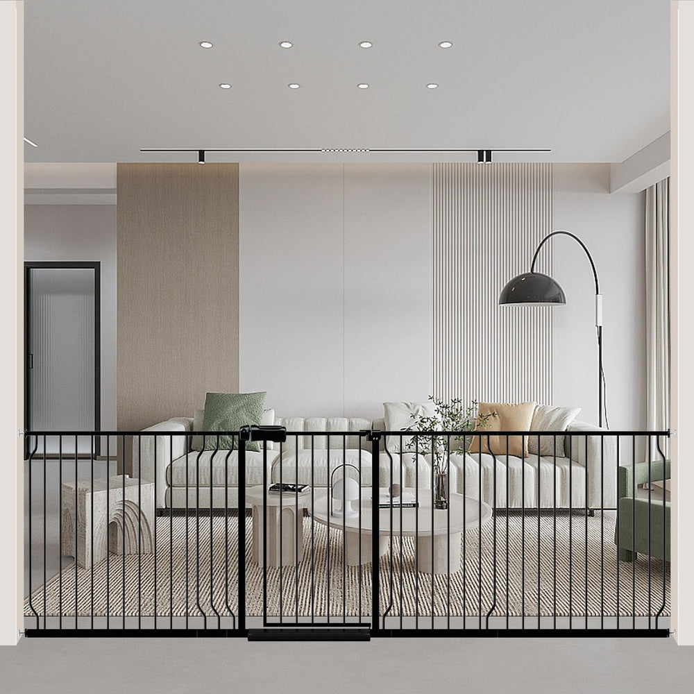WAOWAO baby gate full view shows a wide, sturdy metal barrier for stairs and doorways, keeping pets secure.