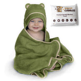 Warm Cuddles Olive hooded towel closeup highlights plush bamboo fabric and baby-safe softness