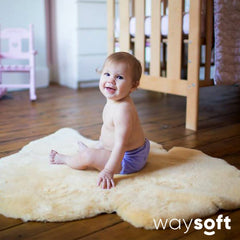 WaySoft baby sheepskin rug in nursery play area offering a plush, safe surface.