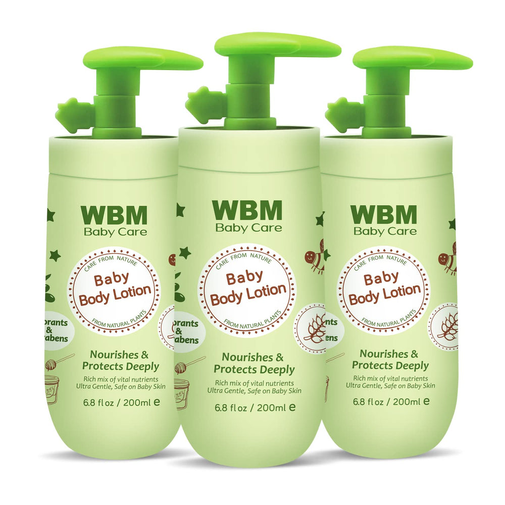 WBM Care Baby Lotion packaging shows a fragrance-free formula for sensitive infant skin.