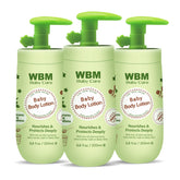 WBM Care Baby Lotion packaging shows a fragrance-free formula for sensitive infant skin.