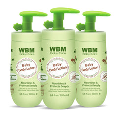WBM Care Baby Lotion packaging shows a fragrance-free formula for sensitive infant skin.