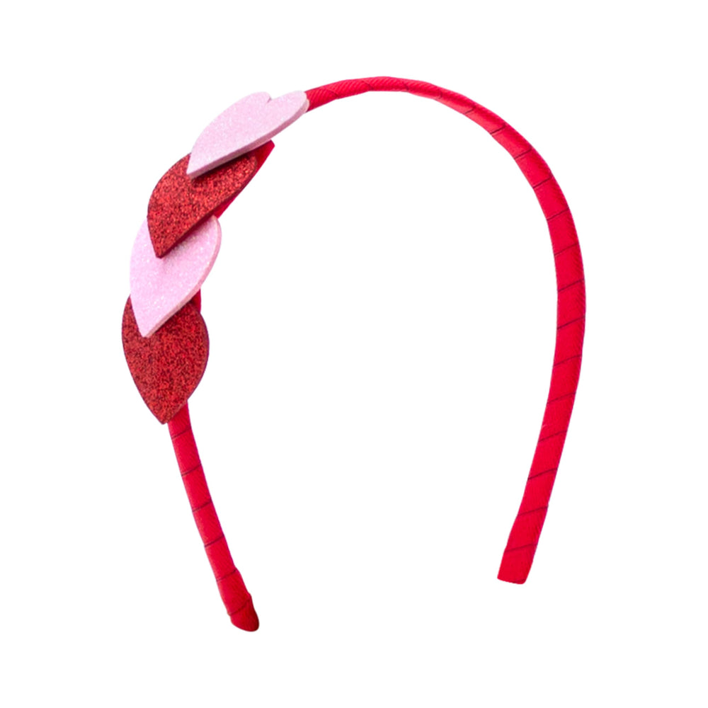 Wee Ones Valentine headband with overlapping red and pink glitter hearts for a festive look.