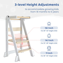 WeeGuruu toddler standing tower at 14-inch height enabling hands-on help.