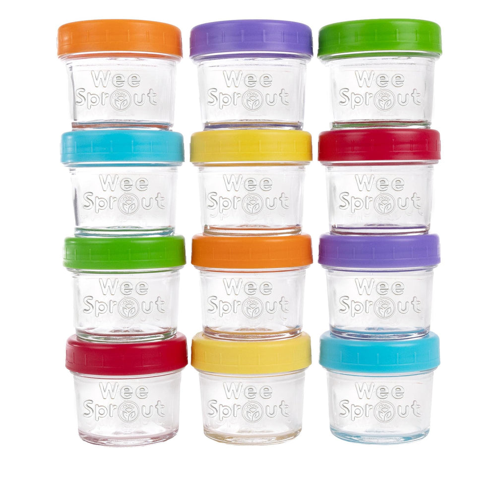 WeeSprout glass jars with lids, 4 oz, 12-pack, ideal for batch prep and storage.
