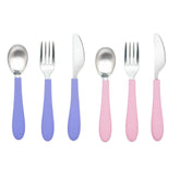 WeeSprout kids utensils set front view in purple and pink; ergonomic grip for small hands.